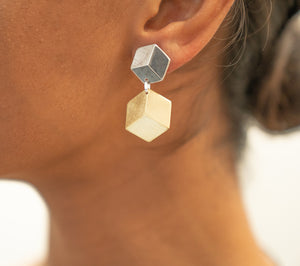 3D Sterling Silver Small Cube Necklace and Two Tone Earrings