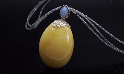 Unique Baltic See Amber Necklace, labradotite beads, decorated with chalcedony, set in sterling silver and gold plated