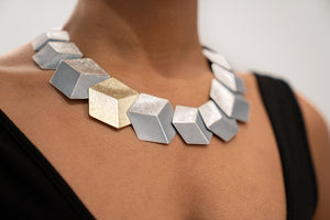 3D Oxidized Sterling Silver Necklace and Gold Plated Cube Earrings