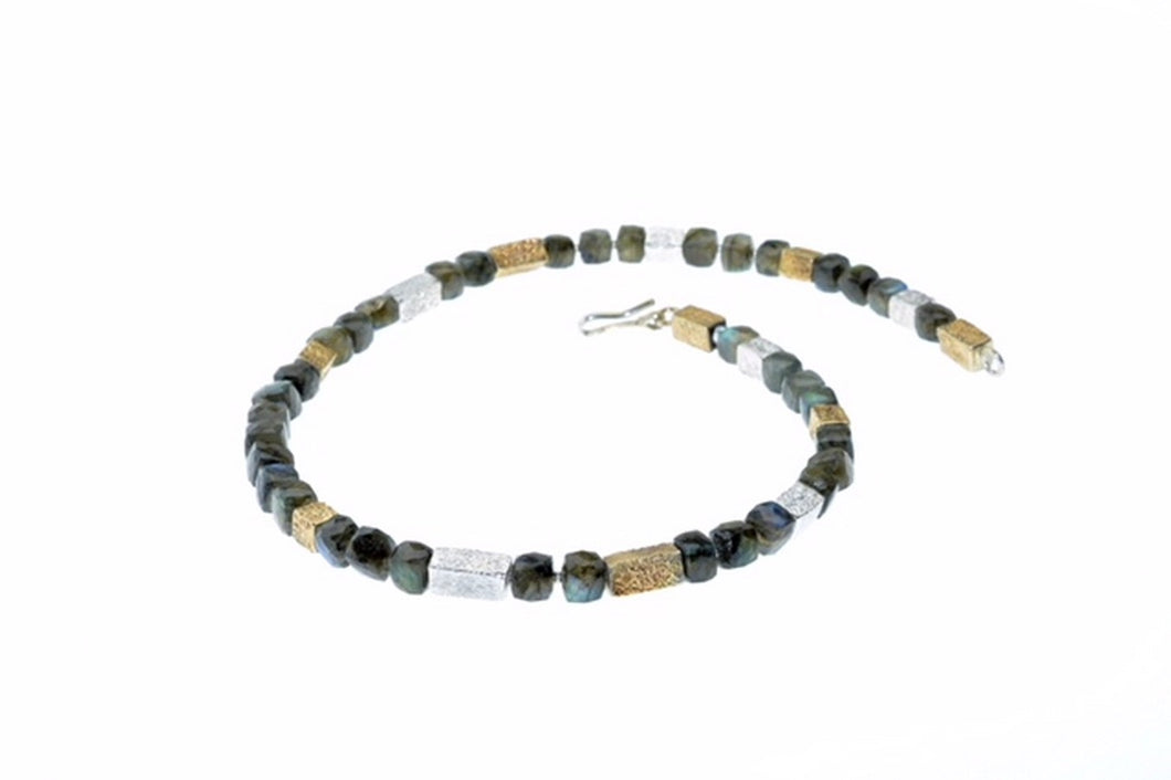 Labradorite necklace with hand made, one of a kind sterling silver and gold plated beads