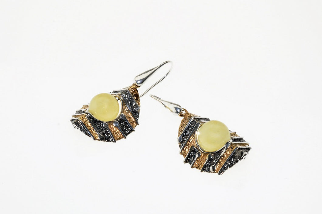 Baltic amber set in oxidized  sterling silver and gold plated earrings, one of a kind