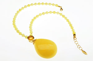 Unique Baltic See Amber Necklace, round amber beads, decorated with citrin, set in sterling silver and gold plated