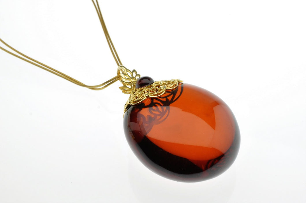 Baltic See Amber Cherry Pendant, decorated with sterling silver gold plated, hand made, one of a kind