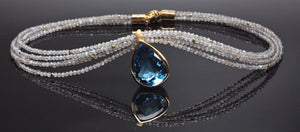 Blue topaz necklace set in sterling silver and gold plated on labradorite beads, very unique cut
