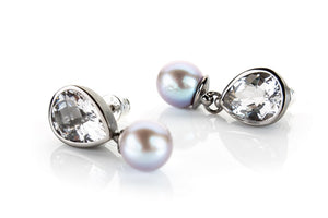 Clear Crystal and Black Pearl Earrings Set in Sterling Silver