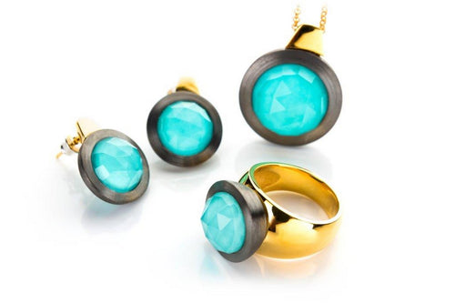 Ring, earrings and necklace -  turquise round faseted in clear crystal set in gold plated and oxidized sterling silver