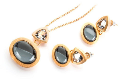 Hematite and clear crystal necklace and earrings, set in sterling silver and gold plated