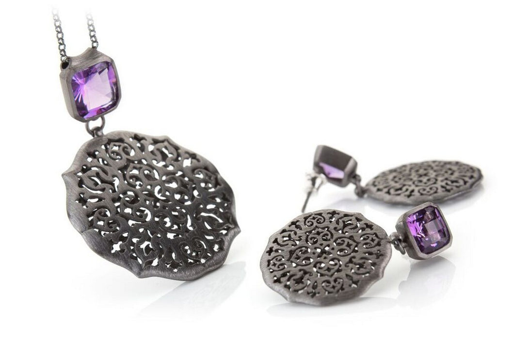 Necklace and earrings, amethyst set in sterling silver