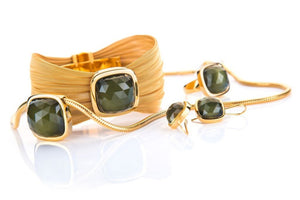 Set - earrings, ring, necklace, bracelet; lemon quartz and hematite, sterling silver gold plated