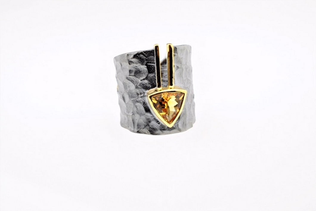 Citrine set in hand made, sterling silver oxidized ring, gold plated details