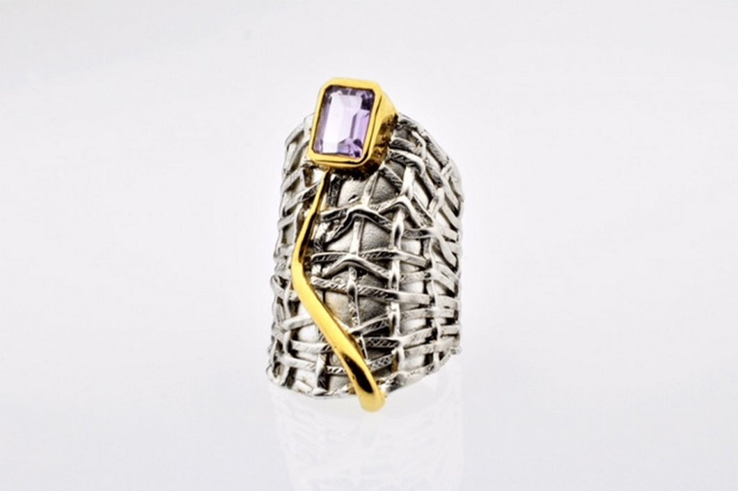 Amethyst set in hand made, sterling silver oxidized ring, gold plated details