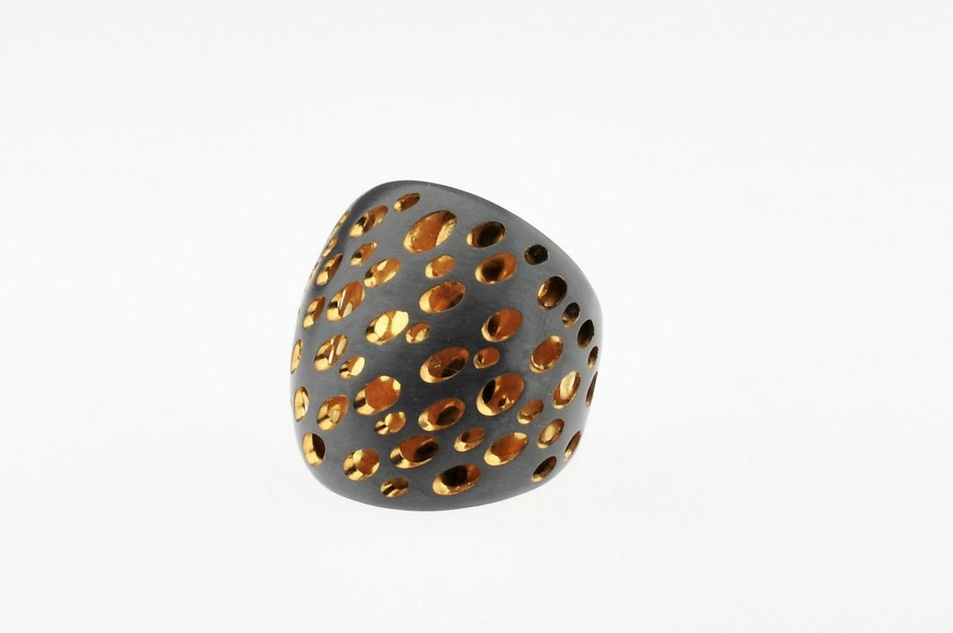 Two-tone oxidized and gold plated sterling silver ring