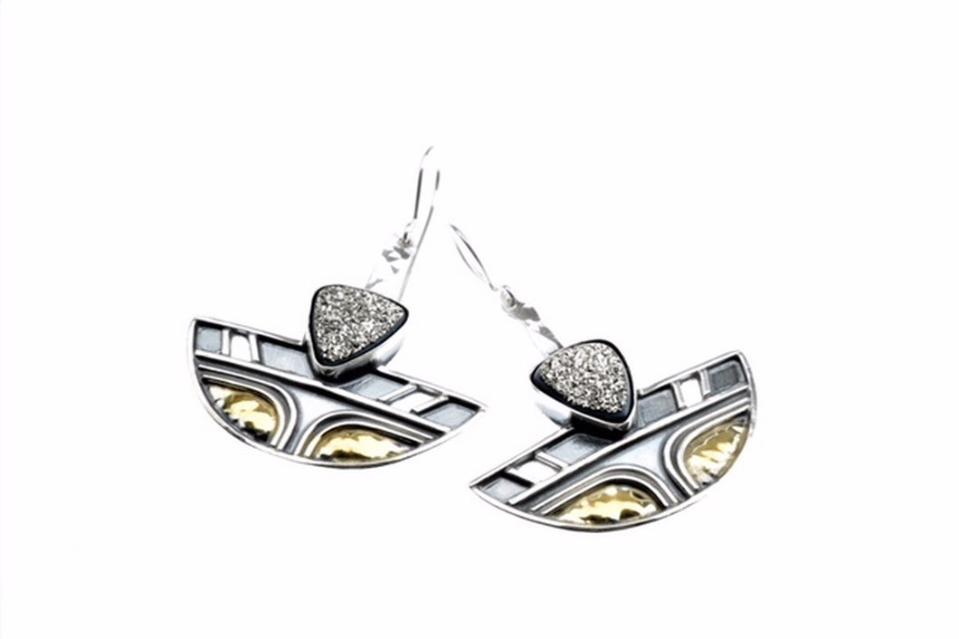 Platinium plated brazlian druzy earrings set in sterling silver and gold plated, one of a kind
