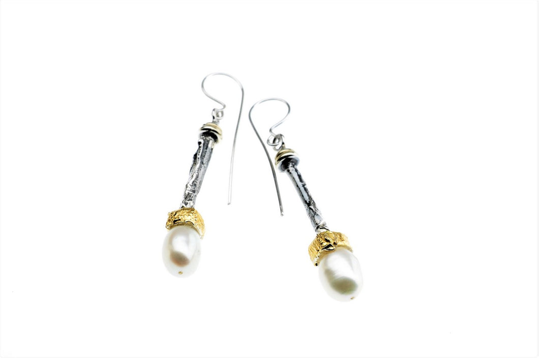 White pearls earrings, set in sterling silver and gold plated, one of a kind