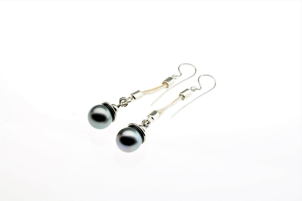 Black tahitian earrings hanging on the white pearl, sterling silver, one of a kind