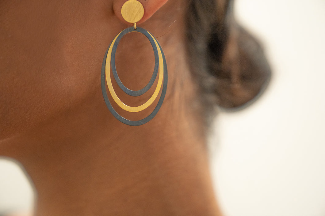 Sterling Silver Oxidized and Gold Plated Oval Hoop Earrings