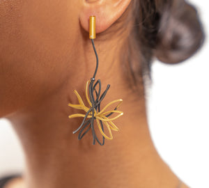 Sterling Silver Oxidized and Gold Plated Flower Dangling Earrings