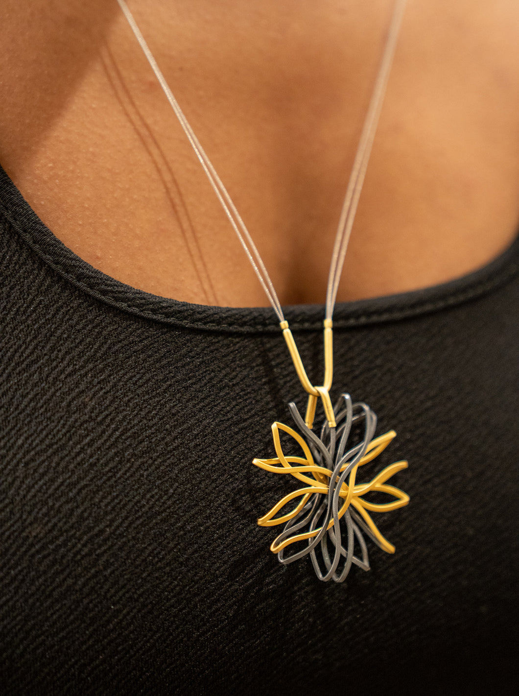 Sterling Silver Oxidized and Gold Plated Flower Long Necklace