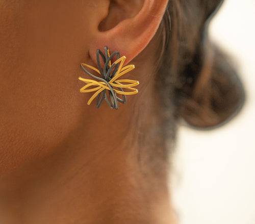 Sterling Silver Oxidized and Gold Plated Flower Stud Earrings