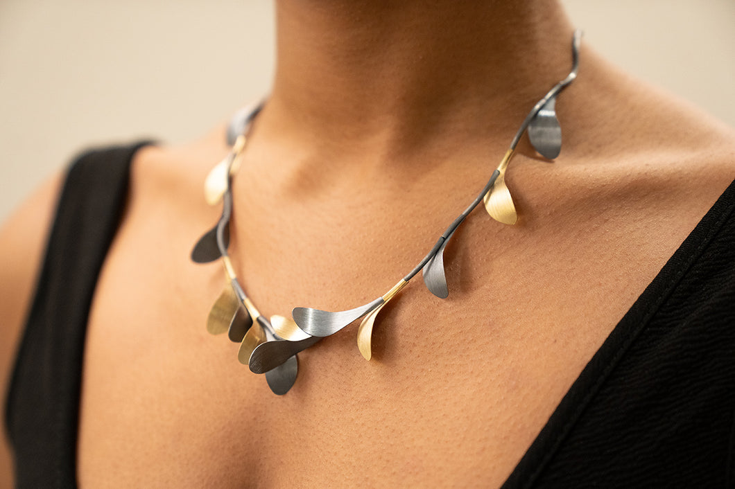 Sterling Silver Oxidized and Gold Plated Leaf Shaped Necklace