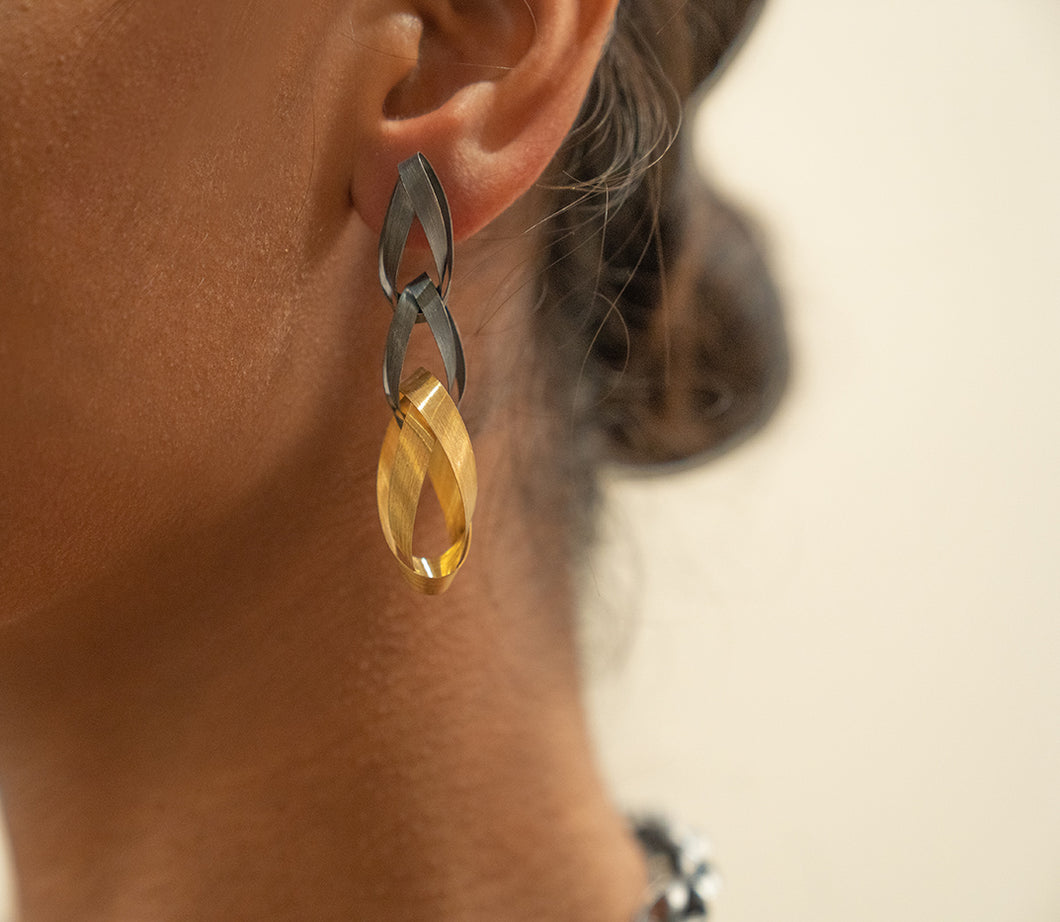 Sterling Silver Oxidized and Gold Plated Ribbon Dangling Earrings